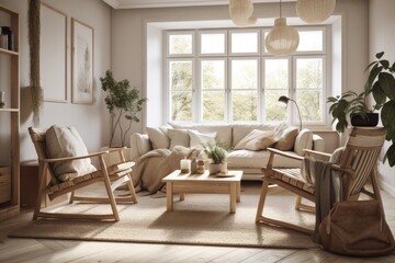 Beige Scandinavian farmhouse living room with natural wood furnishings. Illustration. Generative AI