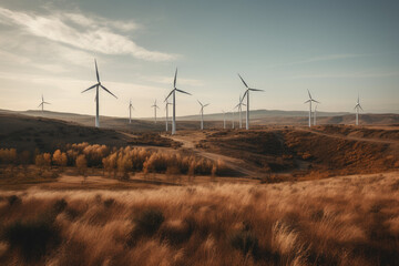 Obraz premium Multiple wind turbines. Generative AI
