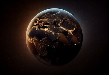 Obraz na płótnie Canvas Earth planet with lights on black background 3d render. World planet satellite, Stars, nebula and galaxy. Concept of climate change, dark night, cities lights, sunrise. Sunrise from. Generative AI