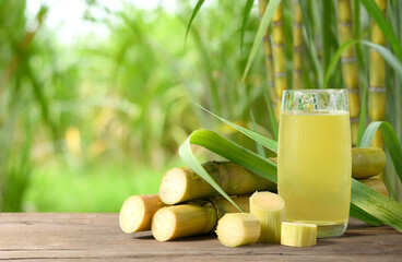 Fresh squeezed sugar cane juice with sugar cane plantation farming background. - obrazy, fototapety, plakaty