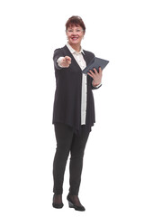Front view of senior woman with calculator isolated