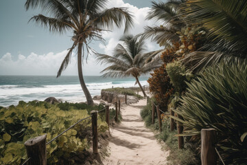 Pathway with palm trees leading to the beach. Generative AI