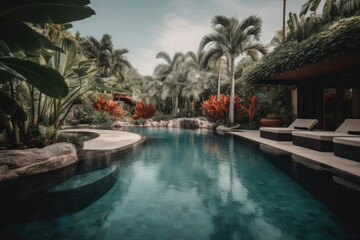 Fototapeta na wymiar Pool at luxury tropical villa while on vacation. Generative AI