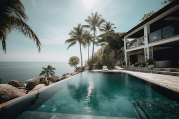 Fototapeta premium Pool at luxury tropical villa while on vacation. Generative AI