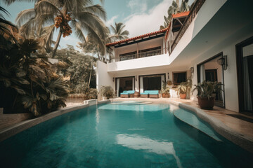 Fototapeta premium Pool at luxury tropical villa while on vacation. Generative AI