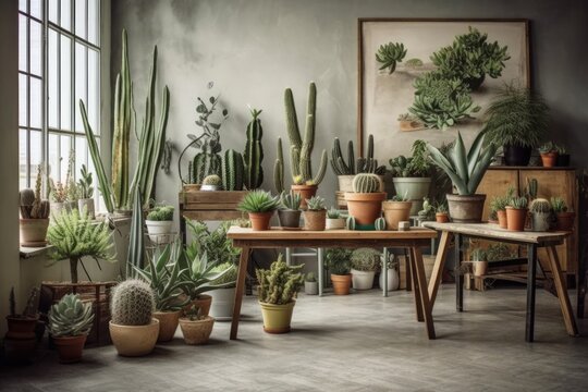 Beautiful plants, cactus, succulents, and air plants are arranged in variously shaped pots in a stylish indoor home garden composition. domestic gardening idea jungle at home. SPCAE copy. Template