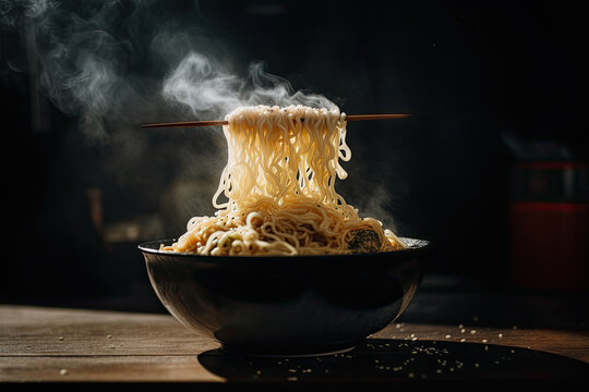 Ramen Noodle Lifted Up By Chopsticks With Steam. Generative AI