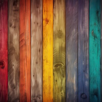 wooden colorful rainbow background made of wooden planks with copy space for text. Generative Ai.