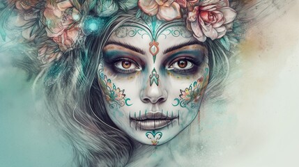 Beautiful sugar skull woman with flowers in her hair, Day of the Dead, (generative ai)