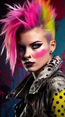 Punk, rock, goth, neon, woman with rainbow colored Mohawk hairstyle (generative ai)