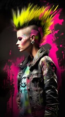 Neon punk rock goth woman with a Mohawk and wearing a leather jacket (generative ai)