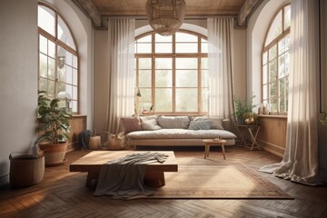 Boho chic contemporary home interior. Couch with cushion on hardwood floor, drapes on huge window in rustic living room on bright day, nobody, flat lie, open space. Generative AI
