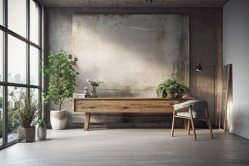 living room concrete wall, old wood table a mock up frame in a loft styled home's interior. Generative AI