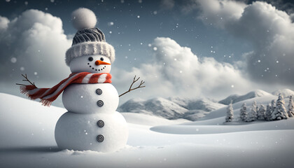 Beautiful realistic Christmas background with snowman. Generative AI.