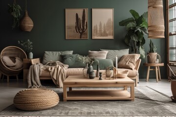Gray couch, wooden coffee table, cushions, blankets, rattan lamp, cube flowers, basket, and stylish decorations in living room. Interior design. Template. Generative AI