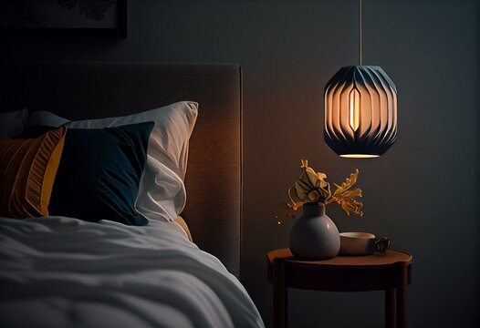 Bedside Lamp Hanging From Ceiling Above Bedside Table. Generative AI