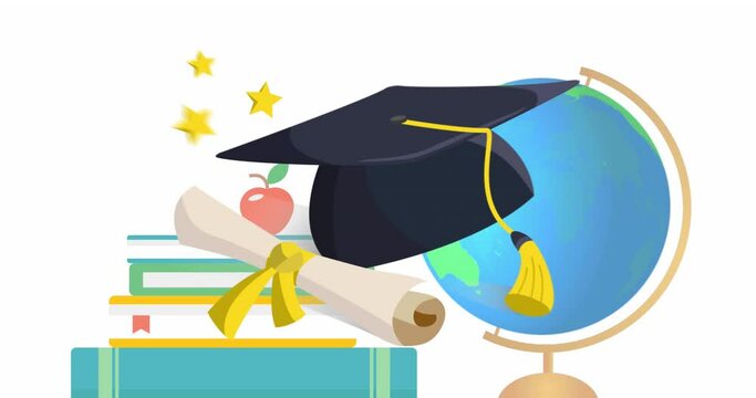 Animation of graduation hat and certificate over school books and globe