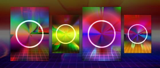 Circle futuristic 80s cover design retro vault vibrant abstract neon cyberpunk collection vector background