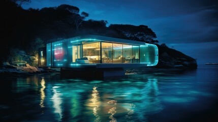 Retractable Bridge and Green Technology: Explore a Luxurious Floating Home Anchored in a Serene Bay with Amphibious Vehicle and Scenic Views, Generative AI