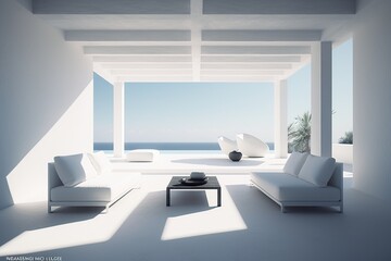  Luxury apartment terrace Santorini  Interior of modern living room sofa or couch with beautiful sea view. Generative AI