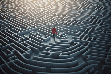 Man walking into big labyrinth. Finding solution concept, generative AI