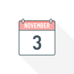 3rd November calendar icon. November 3 calendar Date Month icon vector illustrator