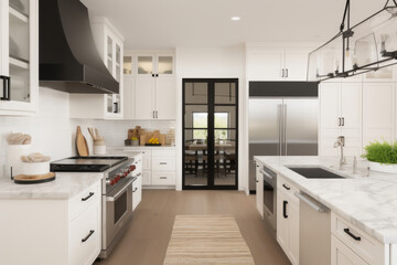 kitchen for interior design, natural cream on cabinets with black hardware, 10 foot island with lights over the top, brushed nickel appliances, ai regenerative
