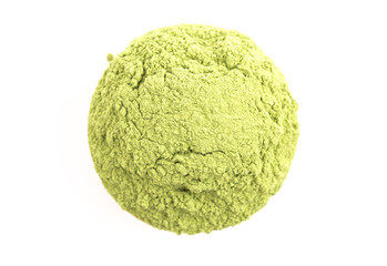 A Bowl of Green Kale Powder on a White Background