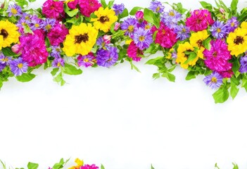 a web banner made up of colorful flowers against white background with a blank space.