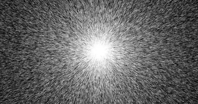 Black and white rays particles lines dust background overlay. Line particles exploding from the center of screen.
