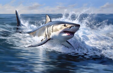 Fototapeta premium Great White Shark jumping out of the water | Aquatic Animal illustrations/backgrounds/wallpapers/portraits |