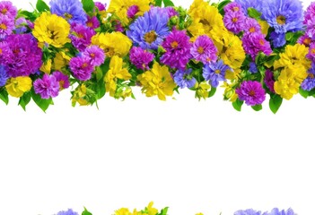 a web banner made up of colorful flowers against white background with a blank space.