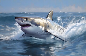 Fototapeta premium Great White Shark jumping out of the water | Aquatic Animal illustrations/backgrounds/wallpapers/portraits |