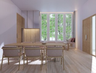 Minimalist style living room with dining table or conference table in beige tones. with a mirror on the built-in cabinet.3d rendering