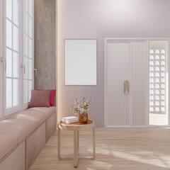 Close-up view of a picture frame on the wall near the door. The interior of the room is pink and cream tones.3d rendering