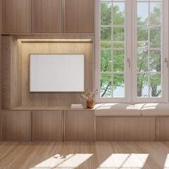 Picture frame on the wall, beige built-in wooden cabinet shadows shine through the window.3d rendering