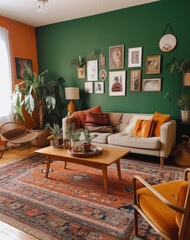 minimalist living rooms that look rustic and cozy, in the style of cottagecore, green and bronze, tapestry - like, colorized, orange and green, multilayered, ai regenerative