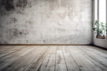 for displaying or advertising products and content, close up old white cement wall background texture with vignette and wood perspective plain. Generative AI