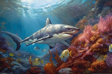 Fototapeta premium Great White Shark in a beautiful coral reef | Aquatic Animal illustrations/backgrounds/wallpapers/portraits |