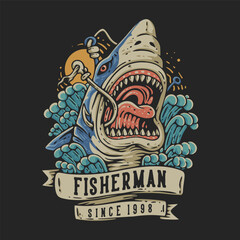 T Shirt Design Fisherman Since 1998 With Hooked Shark Open It Mouth Vintage Illustration
