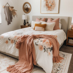 a cozy bedroom in style of boho design featuring muted boho florals with muted blush pink and rust, bedding, pillows, wall decor, AI Generative
