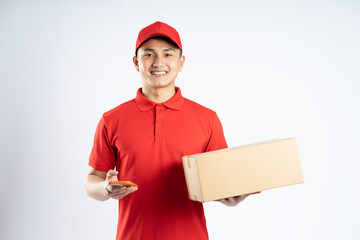 portrait of asian delivery man on white background