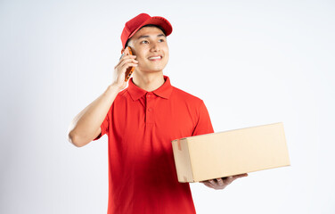 portrait of asian delivery man on white background