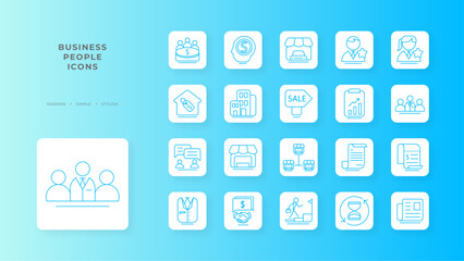 Business people icon collection with blue outline style. community, cooperation, brainstorm, connection, employee, motivation, trust. Vector Illustration