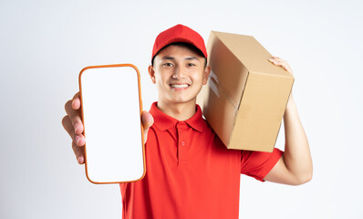 portrait of asian delivery man on white background