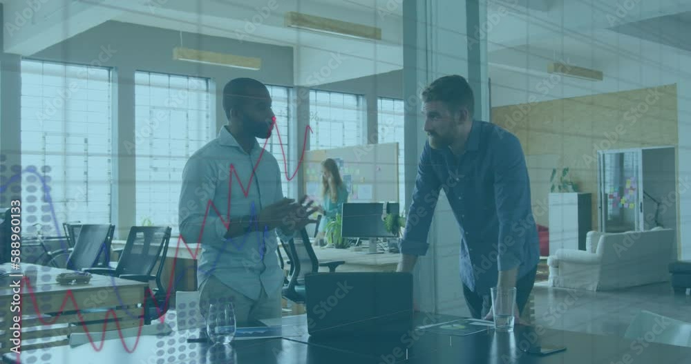 Poster animation of statistical data processing against two diverse men discussing at office