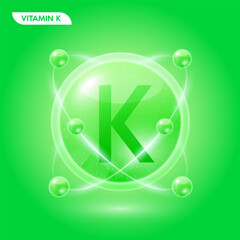 Green vitamin K solution. Substance for beauty cosmetic with chemical formula from nature. Collagen serum and hyaluronic acid skincare. Medical scientific concept. 3D Realistic Vector.
