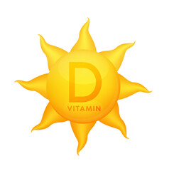 Vitamin D shape of the sun isolated white background. logo design for supplement medical symbol and immunity. Orange yellow icon 3D vector Illustration EPS10