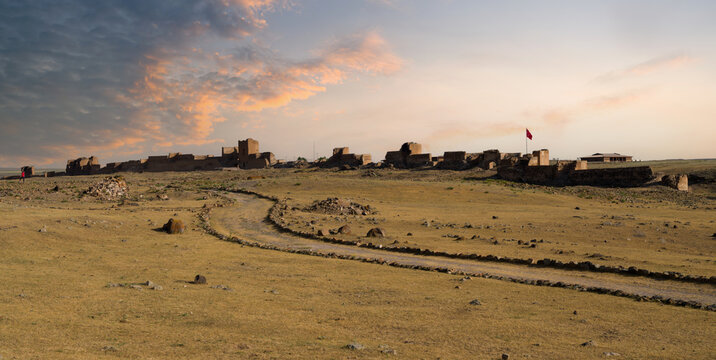 Ani ancient city. View of the historical Ani castle walls at sunrise. It is on the UNESCO world heritage list. Turkey's major touristic travel destinations. summer morning. Ani , Kars, Turkey
