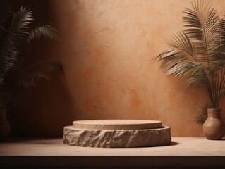 Brown stone product display podium with palm leaves in beige room , ai generated